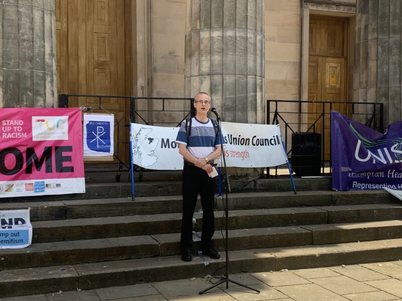 Cllr Sandy Keith (Elgin North) addresses the crowd at the MTUC vigil